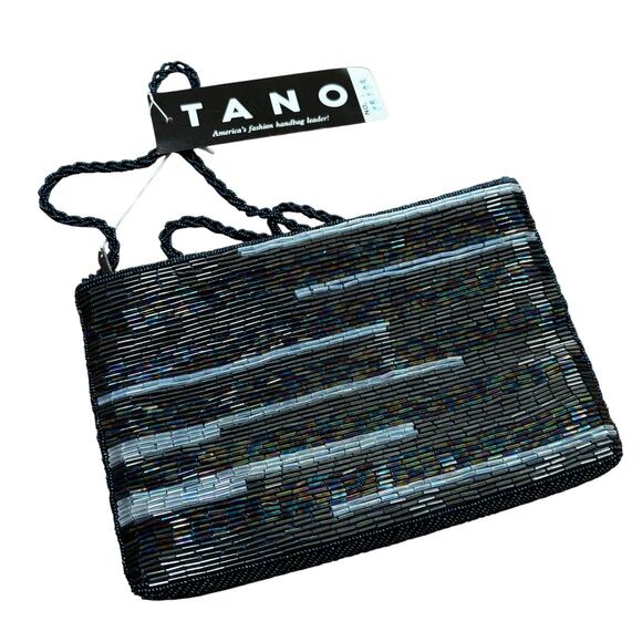 Vintage beaded evening bag black satin shoulderbag NEW tagged Tano 1990’s dressy - Picture 4 of 12